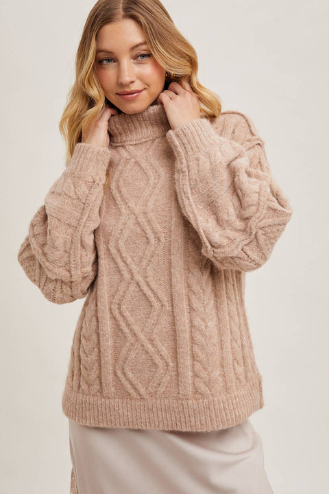 Turtleneck Cable Knit Sweater: Latte