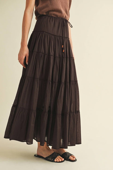 Mustard Seed-Beaded Drawstring Tiered Maxi Skirt: Chocolate-Pink Dot Styles