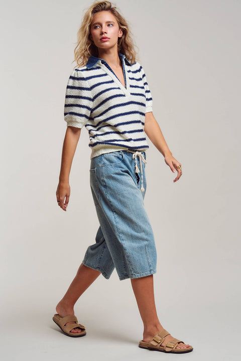 Denim Collar Striped Textured Knit Polo