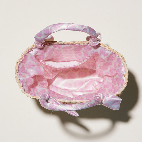 Frem-Shell Raffia Bag with Scarf Handles-Pink Dot Styles