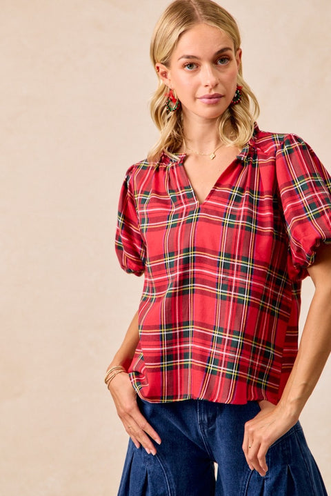Tartan Short Sleeves Ruffled Blouse