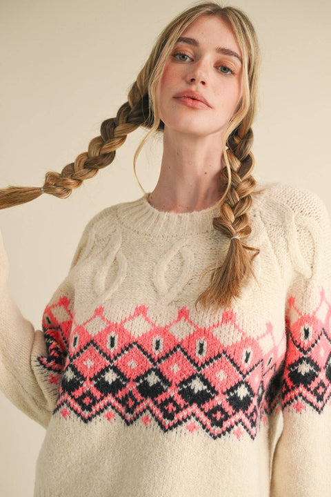 Fair Isle Sweater: Ivory & Pink