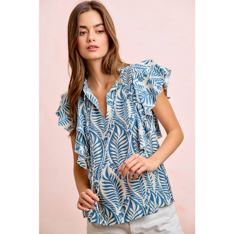 Botanical Printed Ruffle Sleeve Top