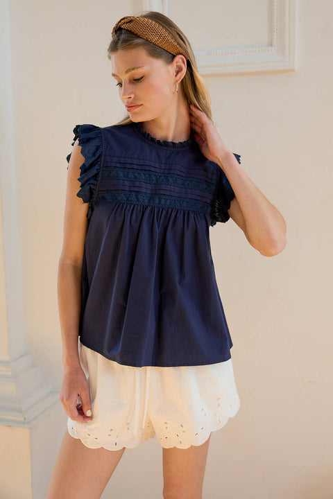 Indigo Washed Cotton Lace Panel Blouse