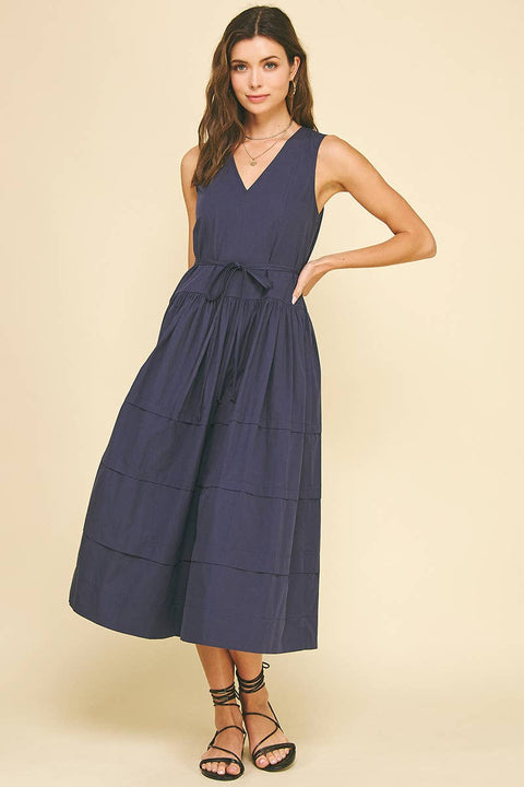 PINCH-Navy Poplin Midi Dress-Pink Dot Styles