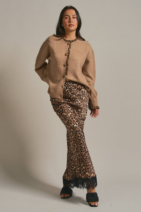Leopard Ruffle Trim Knit Cardigan: Camel