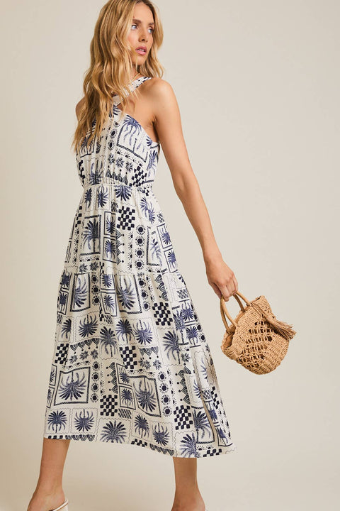 GILLI-Ivory & Navy Abstract Print Dress-Pink Dot Styles