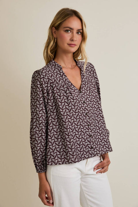 GILLI-NOTCH NECK PUFF LONG SLEEVE BUTTON UP ABSTRACT TOP: BROWN-IVORY ABSTRACT / L-Pink Dot Styles