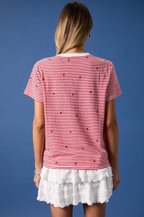 Sunday Edition-Red & White Stripe Tee with Red Stars-Pink Dot Styles