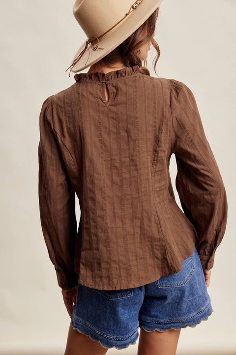 Chocolate Brown Ruffle Neck Blouse