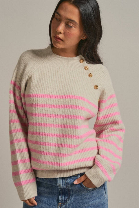 Striped Mock Neck Sweater with Gold Buttons: Pink Beige