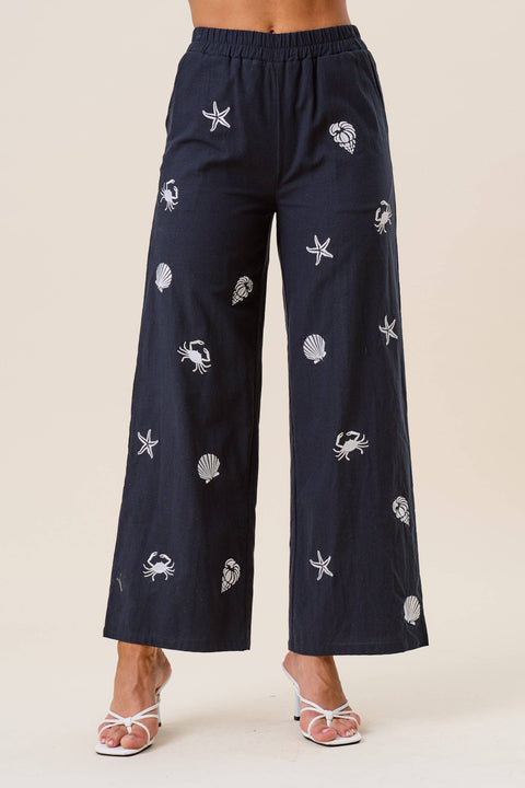 Embroidered Sea Life Pant: Navy