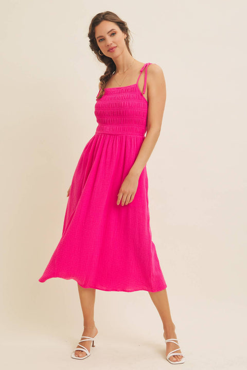 in february-VIBRANT SUMMER COTTON GAUZE SMOCKED MIDI DRESS WITH TIE STRA: HOT PINK / L-Pink Dot Styles