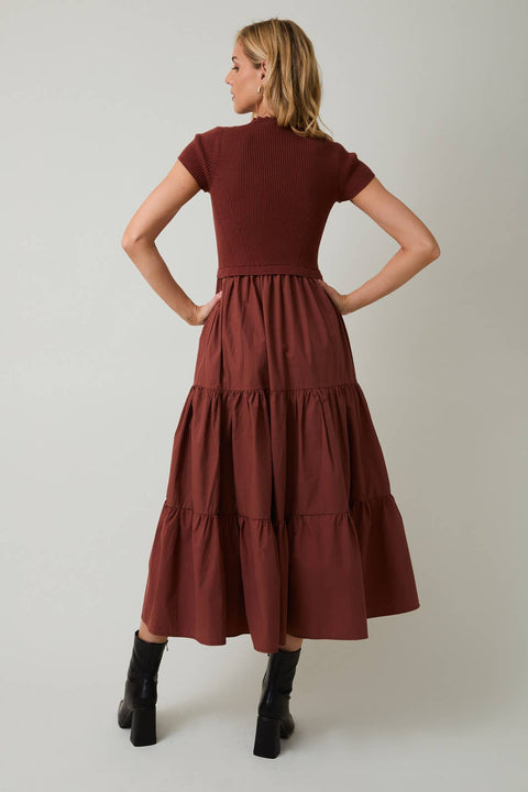 Sunday Edition by LE LIS-MOCK NECK SHORT SLEEVE KNIT & WOVEN MIX TIERED MIDI DRESS: RUST / L-Pink Dot Styles