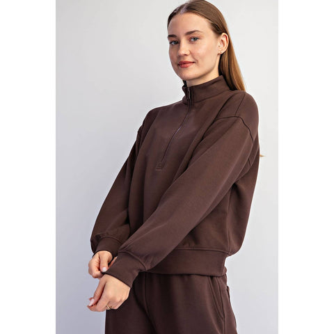 Modal Scuba Quarter Zip Long Sleeve Top: Espresso