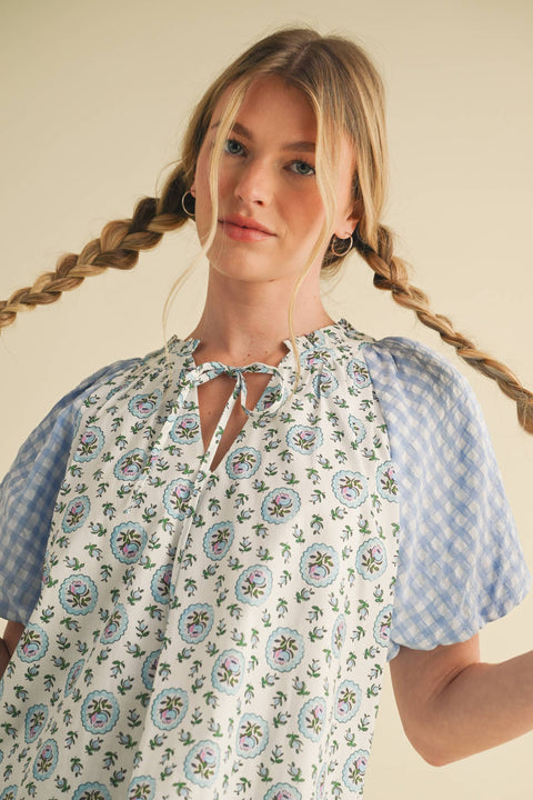 &MERCI-CONTRAST PRINT BUBBLE SLEEVE TOP MTP3562: Baby Blue Multi / M-Pink Dot Styles