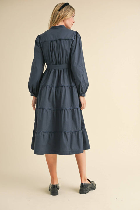 &MERCI-Navy Contrast Binding Midi Dress-Pink Dot Styles