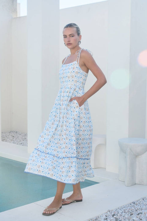 Ivory Seashell Print Tie Strap Midi Dress
