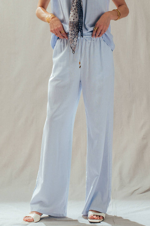 Linen Blend Wide Leg Pants Drawstring Waist: Pale Blue