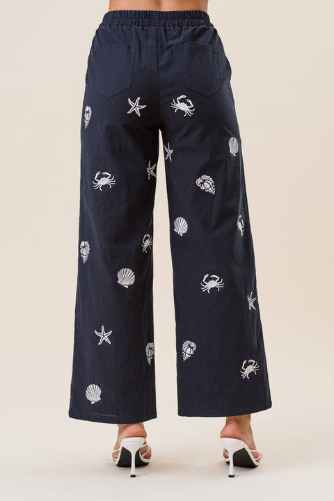 Embroidered Sea Life Pant: Navy