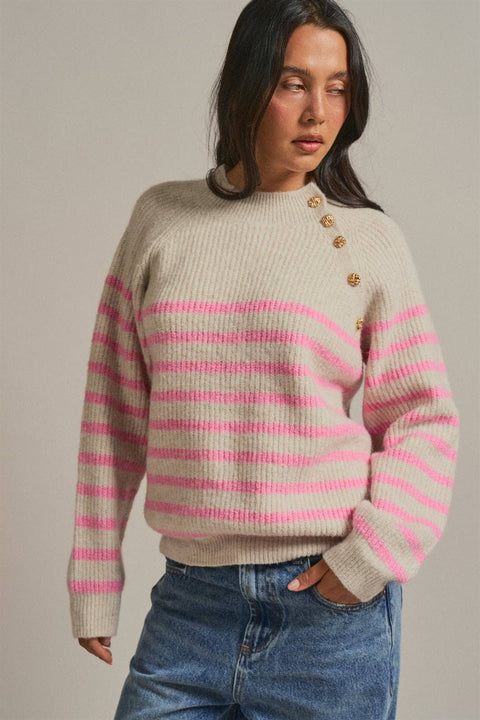 Striped Mock Neck Sweater with Gold Buttons: Pink Beige