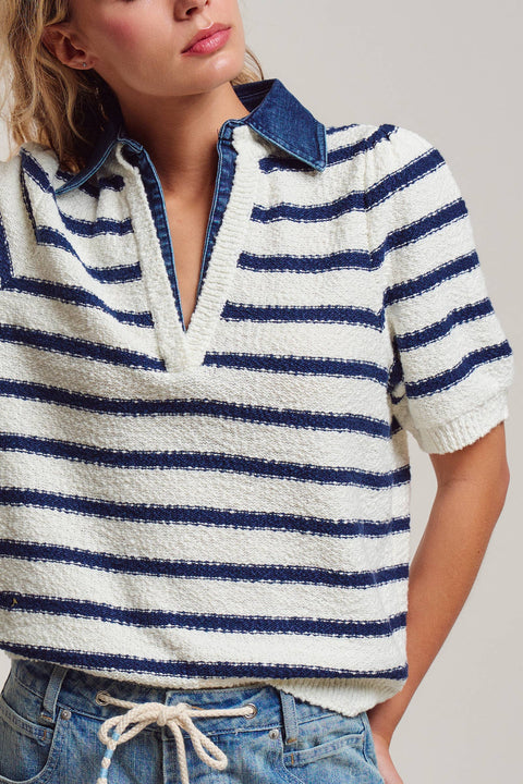 Denim Collar Striped Textured Knit Polo