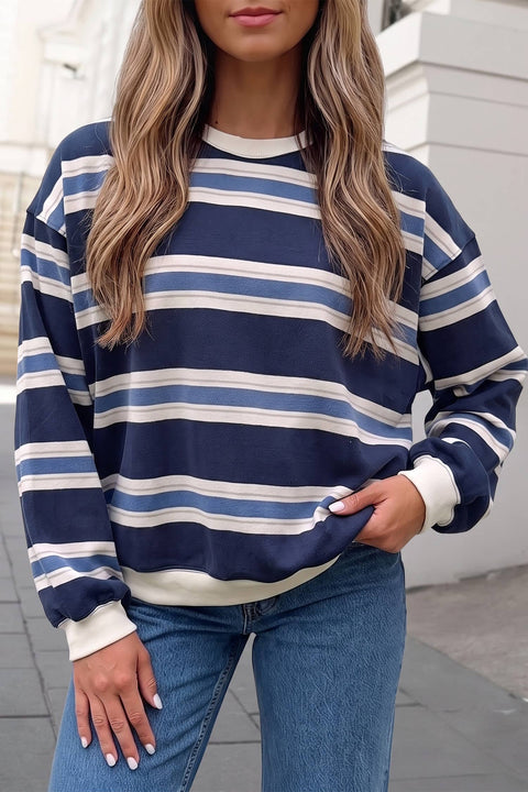 Striped Crew Neck Dropped Shoulder Sweatshirt | S-XL : Blue Stripe / S