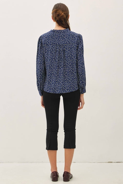 Navy Ditsy Print Tie-Front Blouse