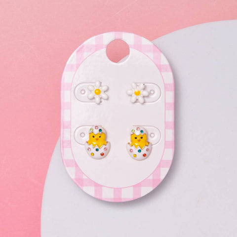 Enamel White Petal Flower & Baby Bird 2-Pair Earring Set