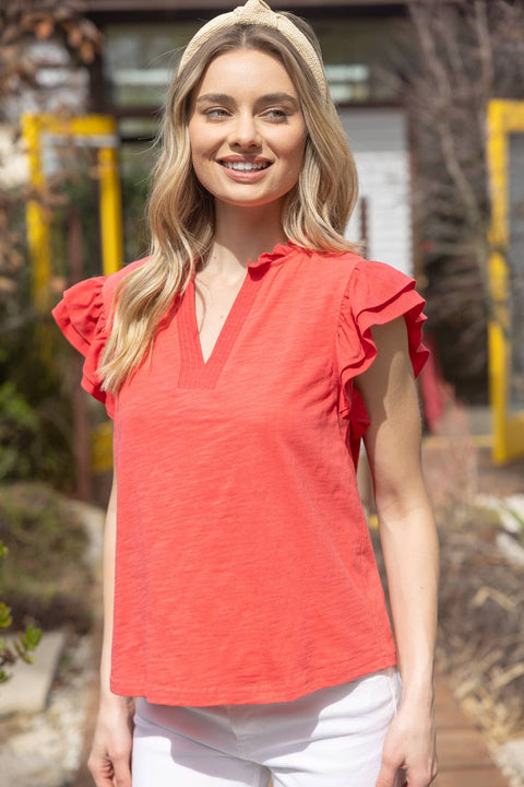 VOY-Contrast Band Ruffle Sleeve Knit Top: Coral-Pink Dot Styles