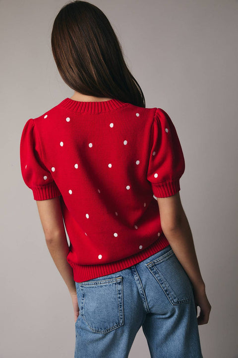Sunday Edition by LE LIS-ROUND NECK PUFF SHORT SLEEVE "POLKA DOT" EMBROIDERED SWEATER: RED-IVORY DOT / L-Pink Dot Styles