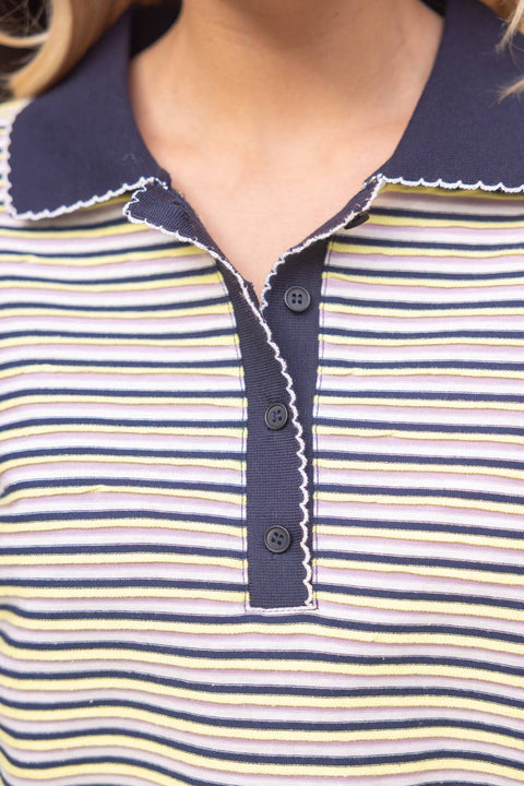 VOY-Striped Collared Knit Top-Pink Dot Styles