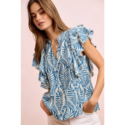 Botanical Printed Ruffle Sleeve Top