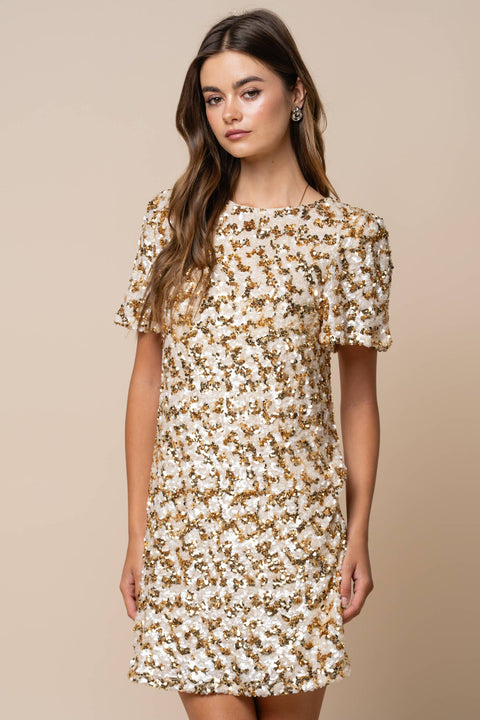 Sequin Puff Sleeve Shift Mini Dress: Gold