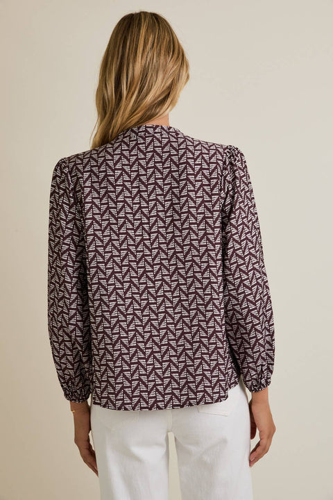 GILLI-NOTCH NECK PUFF LONG SLEEVE BUTTON UP ABSTRACT TOP: BROWN-IVORY ABSTRACT / L-Pink Dot Styles