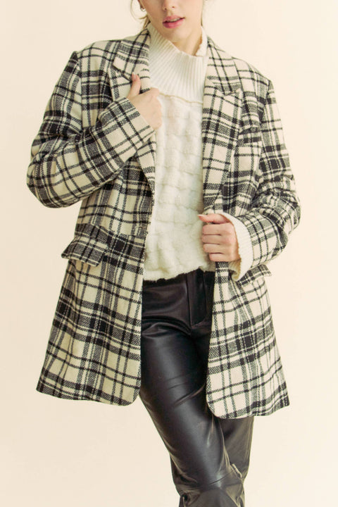 Davi & Dani-PLAID PLEATED DETAIL LONG SLEEVE BLAZER JACKET: IVORY BLACK / S-Pink Dot Styles