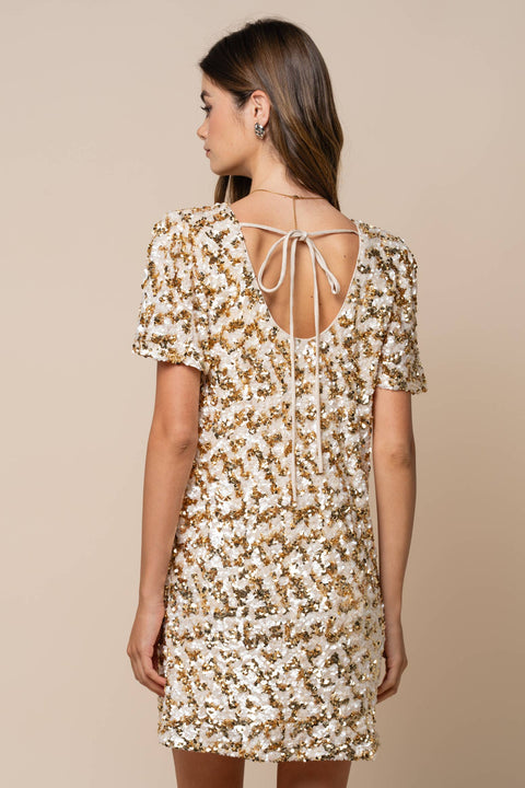 Sequin Puff Sleeve Shift Mini Dress: Gold