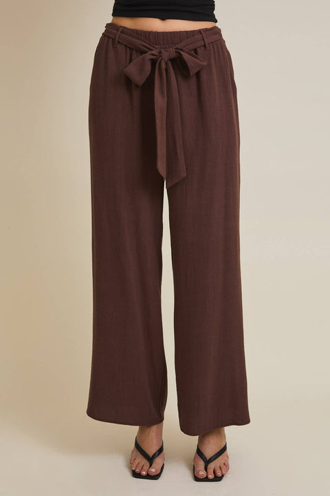 GILLI-WAIST TIE WIDE LEG PANTS: CHOCOLATE / L-Pink Dot Styles
