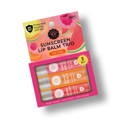 Woolzies-SPF Sunscreen Lip Balm Trio Sweet Melon, Sunny Peach, Berry-Pink Dot Styles