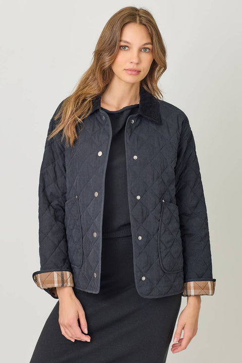 Mystree-60188 Contrast Quilted Jacket: Black / Medium-Pink Dot Styles