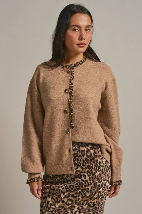 Leopard Ruffle Trim Knit Cardigan: Camel