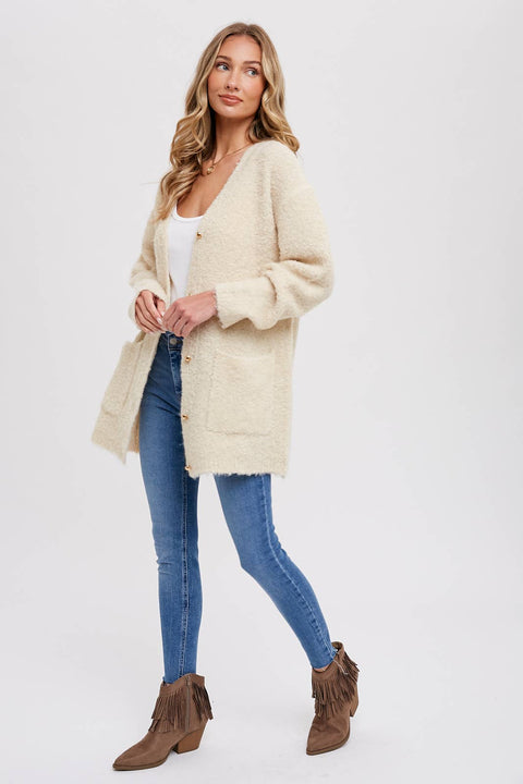 Bluivy-Silver Button Boucle Cardigan: Oatmeal-Pink Dot Styles