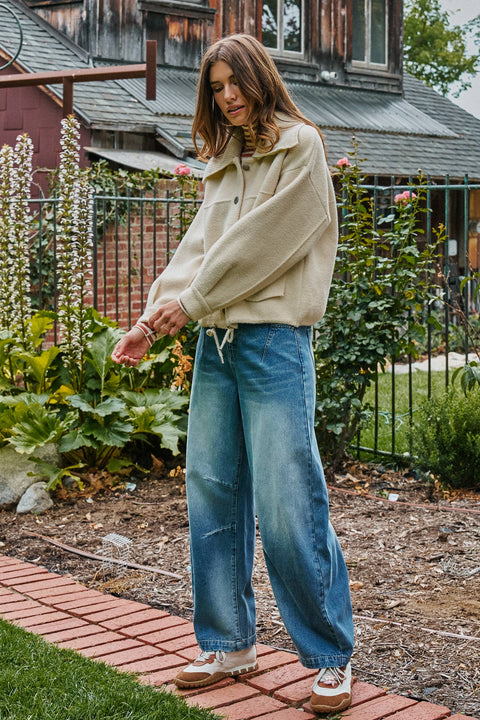 Urban Daizy-Sweater Knit Jacket with Detachable Collar: Ivory / SM-ML-Pink Dot Styles