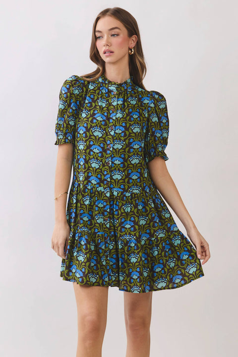 Floral Print Puff Sleeve Button Front Mini Dress: Brown