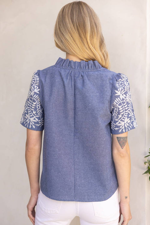 VOY-Embroidered Chambray Top-Pink Dot Styles