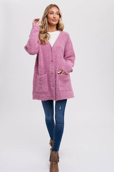 Bluivy-Silver Button Boucle Cardigan: Oatmeal-Pink Dot Styles