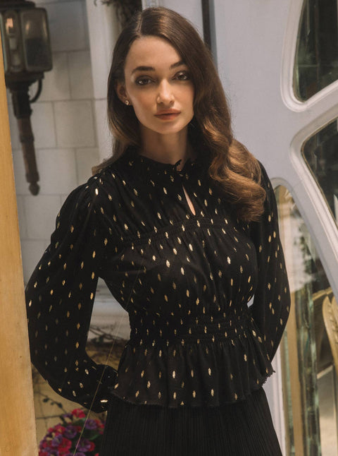 Metallic Foil Dot Peplum Top: Black-Gold