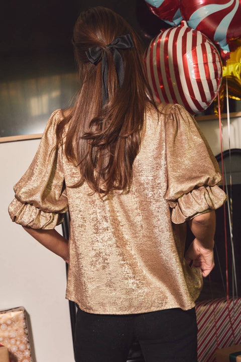 Shimmer Foiled Button Front Blouse: Champagne Gold