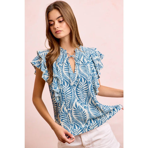 Botanical Printed Ruffle Sleeve Top