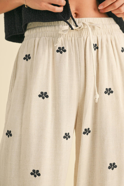 MIOU MUSE-Oatmeal Embroidered Linen Pants-Pink Dot Styles